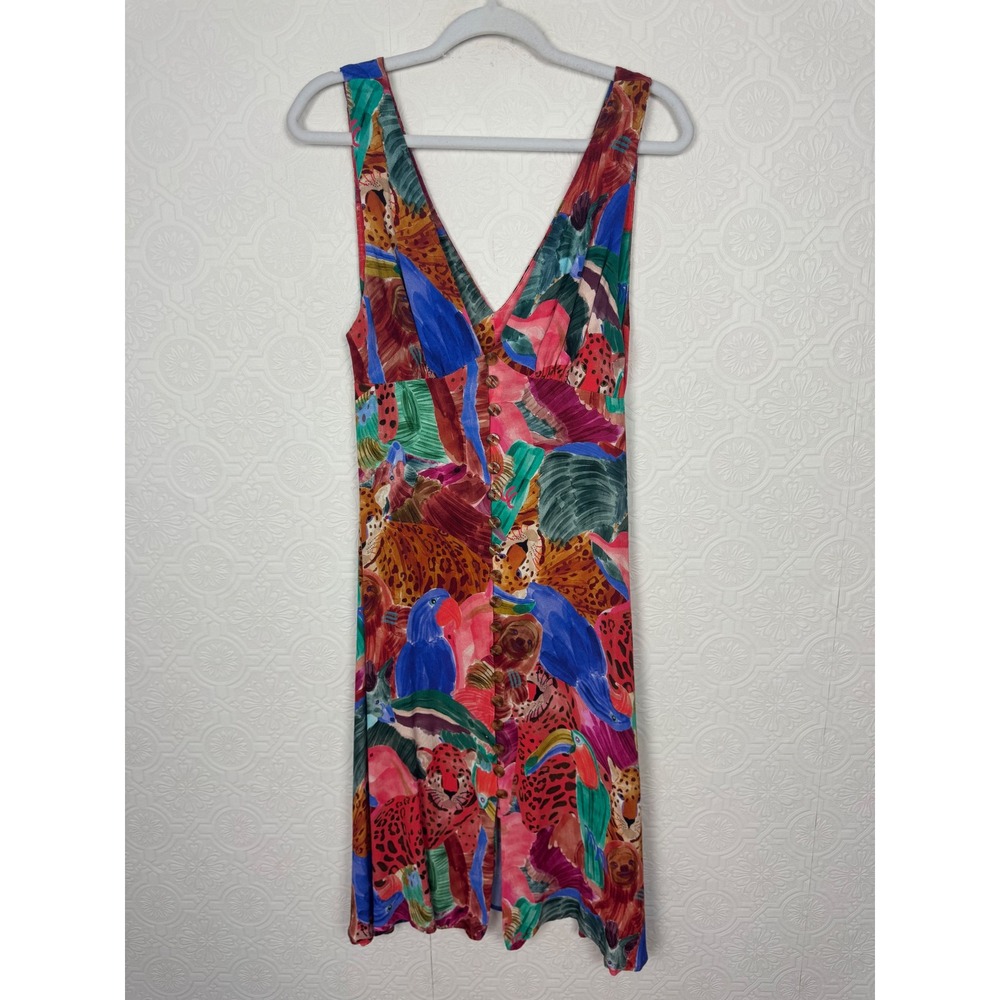 Farm Rio Jungle Animals Button Front Midi Dress Tropical Leopard Toucan Sloth - Picture 5 of 13
